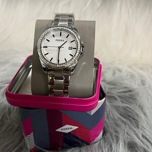 Fossil Silver Watch with White and Rhinestone Dial